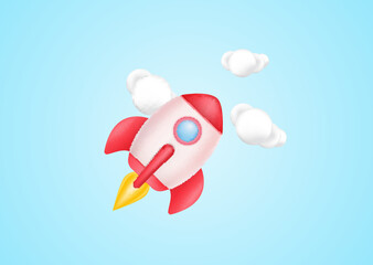 3d rocket with cloud. Concept start up business. Pastel background. Minimal cartoon icon.