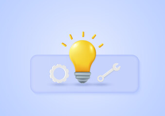 Light bulbs show ideas gear on light blue pastel background. Finance, investment, online shopping. Minimal cartoon icon.