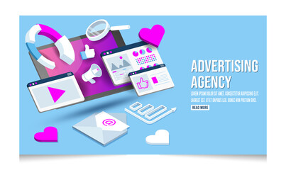 3D Conceptual Illustration of advertising creative agency, Advertising agency work process, Social Media Campaign and Digital Marketing. Vector illustration eps10