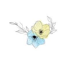 Beautiful sketch of a tattoo a delicate twig with flowers . Flowers Periwinkle. Hand drawing. beautiful idea of ​​a patriotic tattoo with the colors of the flag of Ukraine