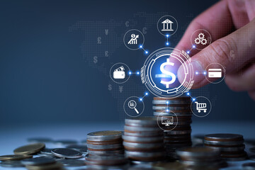 Businessman use digital money for business investment, online digital investment, planning trading and long-term investments, financial planning to increase profits, putting coins bussiness growth.
