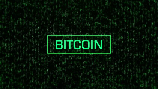 BITCOIN Text Over Computer Binary Background. BITCOIN Concept Over Binary Code and Matrix Background