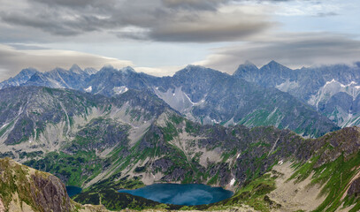 Fototapeta na wymiar Tatra Mountain view to group of glacial lakes from path Kasprowy Wierch to Swinica mount, Poland.