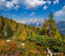 Peaceful autumn Alps mountain view. Reiteralm, Steiermark, Austria.