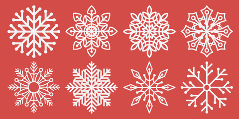 Snowflake icons set. Isolated white silhouette on a red background. Used as a decorative element for Christmas and New Year designs, winter weather concepts. Vector illustration.