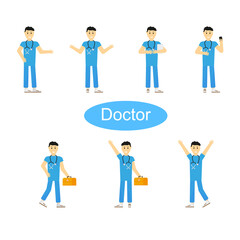Vector image of a male doctor in a blue suit and a stethoscope around his neck. Medical case in hand. The doctor rejoices