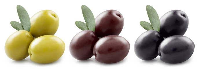 Delicious olives collection, isolated on white background