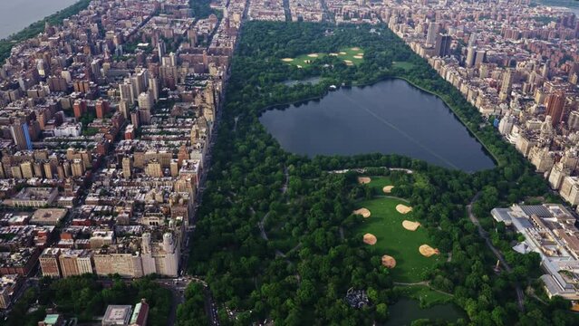 Aerial View of New York Central Park Filmed From a Helicopter. Urban Cityscape