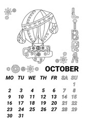 Calendar page 2023 october in steampunk style. Illustration of the zodiac sign libra in the form of a fabulous steampunk-style airship decorated with gears.   doodle style.