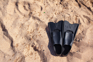 A pair of black flippers on the background of sand next to the water, top view. Swimming equipment - fins on the shore. Summer holidays, fun, exploring the sea world concept. Space for copy.