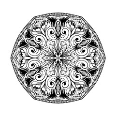Black and white circle flower pattern in vintage mandala style for tattoos, fabrics or decorations and more