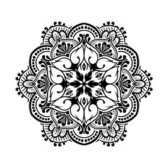 Black and white circle flower pattern in vintage mandala style for tattoos, fabrics or decorations and more