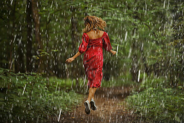 girl rain spring park, young attractive romantic female