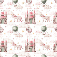 Cute pattern with watercolor castle and unicorn isolated. Seamless pattern for girl.