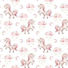 Watercolor seamless pattern with unicorn and clouds and moon isolated. © Aleksandra Baianova