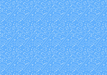 Mathematical seamless pattern with simple icons. Back to school. Concept of learning or education, outline simple icons of geometric shapes, circle and tergon, ruler, transpartier, pencil