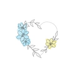 a set of sketches for a patriotic tattoo: flowers and hearts from the colors of the flag of ukraine . Flowers Periwinkle. Hand drawing.