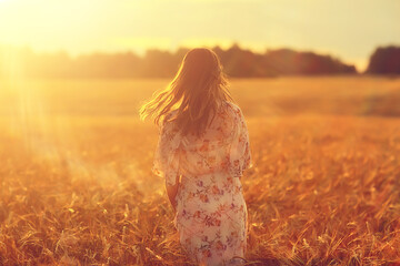 woman walks through a wheat field, in summer, a view from the back without a face, leaves, separation