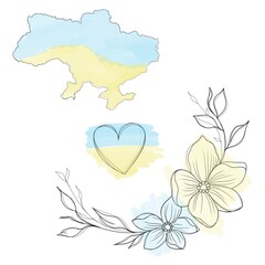 a set of sketches for a patriotic tattoo: flowers and hearts from the colors of the flag of ukraine . Flowers Periwinkle. Hand drawing.