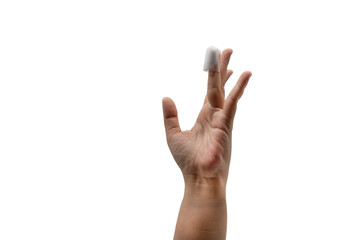 Hand of Asian woman with white medicine bandage on injury finger on white background and copy space and clipping path.