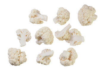 Set of cauliflower and slices are flying on a white background.