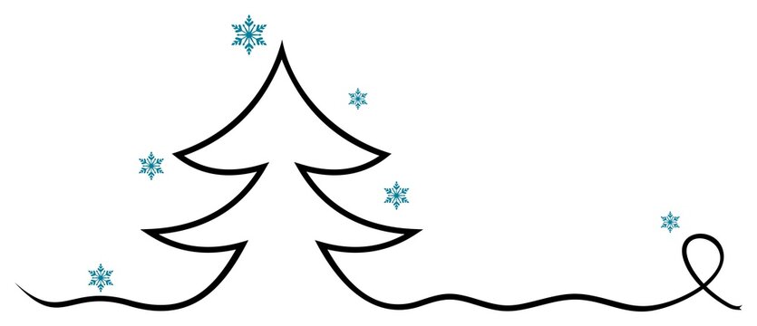 Weihnachtsbaum Vektor. Abstrakter Baum in schwarz mit eisblauen Schneeflocken. Weiser Hintergrund.