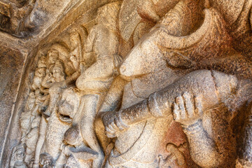 Fototapeta na wymiar Varaha Cave Temple is a rock-cut cave temple located at Mamallapuram, on the Coromandel Coast of the Bay of Bengal in Kancheepuram District in Tamil Nadu, India, Asia
