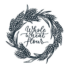 Wheat ears wreath, vector sketch hand drawn illustration. Flour, bread or bakery label, packaging emblem vintage design