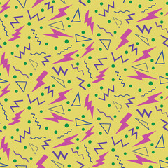 Neon pink lightening bolt with zigzag waves and geometric shapes in 90s style over yellow background. For retro party posters, textures and gift wrapping paper. 