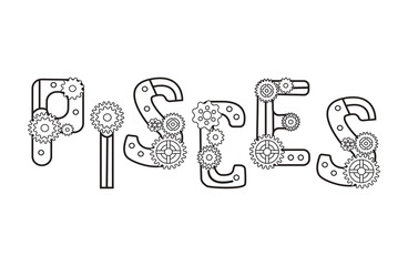 Zodiac sign  pisces written in decorative font in steampunk style. The fishes inscription is in the form of letters decorated with gears. The original decor for the horoscope.