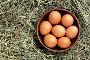 Gray chicken eggs in a clay bowl on a background of hay.