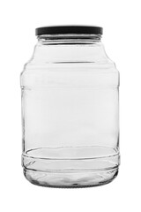 Empty glass jar with a screw cap for food and canned food. Isolated on white background.