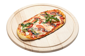 Delicious pizza served on wooden plate isolated on white background. File contains clipping path. Concept for advertising flyer and poster for restaurants or pizzerias,