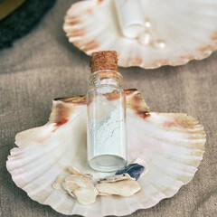 Ancient Roman cosmetics made pearl, retro perfume and vintage bath accessories. Reconstruction of...