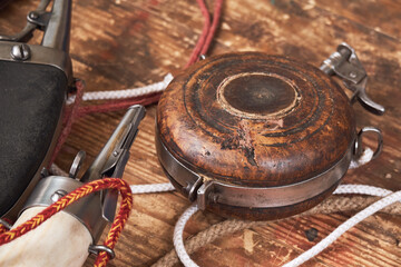 Military items for vintage guns and retro muskets - old bullets and gunpowder flask. Ancient arsenal of events from the Russo-Swedish war