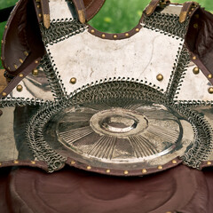 Vintage armor, retro chain mait. Ancient military arsenal of the events of the Russian-Swedish war