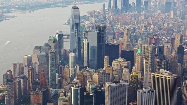 Aerial View of a New York Manhattan Filmed From a Helicopter. Urban Cityscape