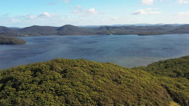 Wallis lake in Booti Booti national park of Australian Pacific coast aerial 4k.
