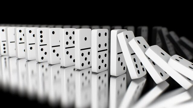 Line of Dominoes Falling Over in Slow Motion Chain Reaction Concept - 4K Seamless VJ Loop Motion Background Animation