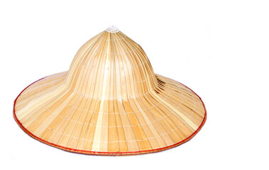 Fototapeta na wymiar Vintage palm hat isolated on white background. Concept : one prop of Thai or Vietnamese farmer's traditional costume. Design and made of natural material from dried plants leaves. Handicraft. Handmade