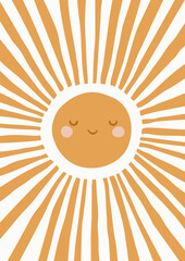 Cute Yellow Smiling Sun. Scandinavian Style Kids Room Decoration. Hand Drawn Cheerful Nursery Graphic Design. Isolated Vector Illustration. Ideal For Card, Invitation, Wall Decal, Poster and Other.  © Ewelina