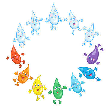 Group of funny water drops falling in a circle. Seven of them are colored with a rainbow. In cartoon style. Round frame. Isolated on white background. Place for your text. Vector illustration.