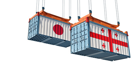 Cargo containers with Japan and Georgia national flags. 3D Rendering