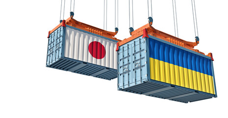Cargo containers with Japan and Ukraine national flags. 3D Rendering