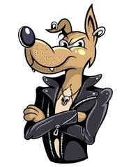 Cartoon style dog character in the leather jacket. Isolated on white background.