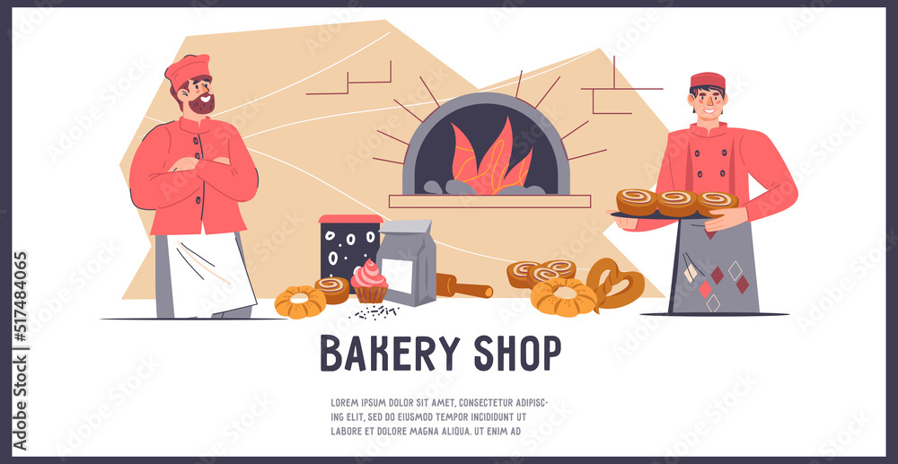 Wall mural bakery shop banner or leaflet design, flat vector illustration isolated on white. bakehouse or bakes