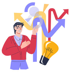 Business man chooses a strategy path to implement a business idea, flat vector illustration isolated on white background. Way to success and business opportunity.