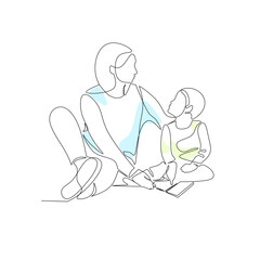 Vector illustration of a woman reading a book to her child drawn in line art style