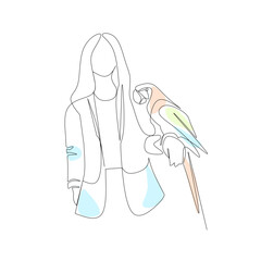 Vector illustration of a woman holding a parrot drawn in line-art style