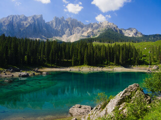 Carezza, Italy, the beautiful Carezza Lake in summer